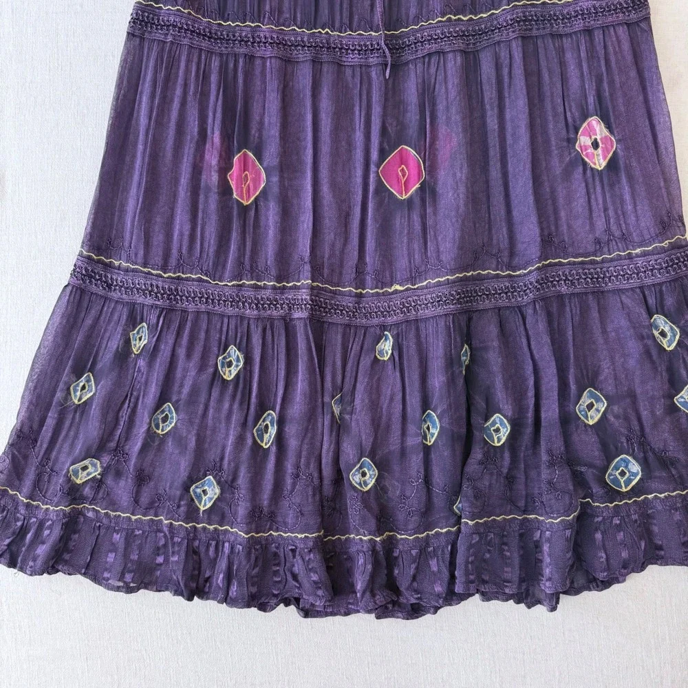 Boho Purple Yellow Tie Dye Embroidered Tiered Maxi‎ Skirt One Size Rayon